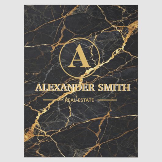 Luxury Black Marble Gold Monogram Business Brand 薄葉紙 (正面)
