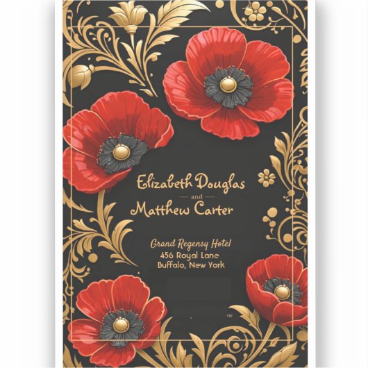 Luxury Black Red and Gold Floral Wedding シール (正面)