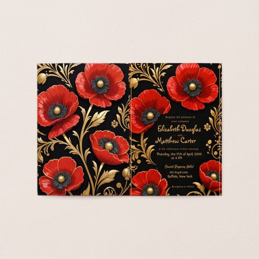 Luxury Black Red and Gold Floral Wedding 箔カード (内部)