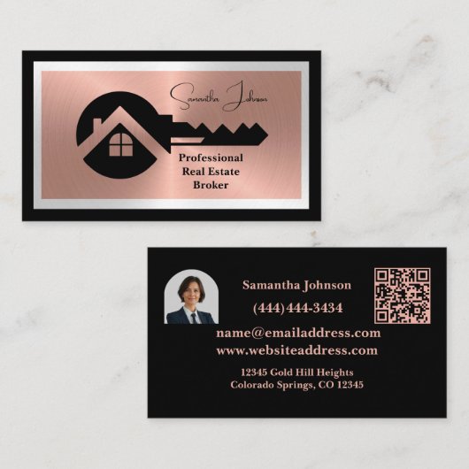 Luxury Black & Rose Gold QR Photo Real Estate  名刺 (正面/裏面)