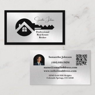 Luxury Black & Silver QR Code Photo Real Estate  名刺