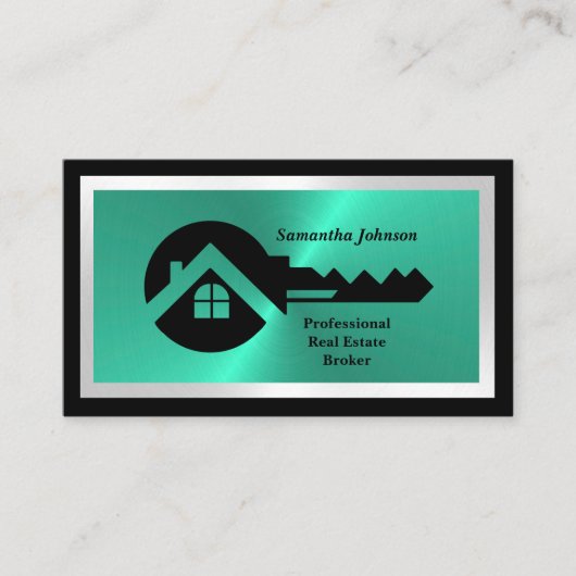 Luxury Black & Turquoise QR Code Photo Real Estate 名刺 (正面)