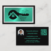 Luxury Black & Turquoise QR Code Photo Real Estate 名刺 (正面/裏面)