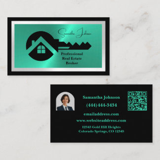 Luxury Black & Turquoise QR Code Photo Real Estate 名刺
