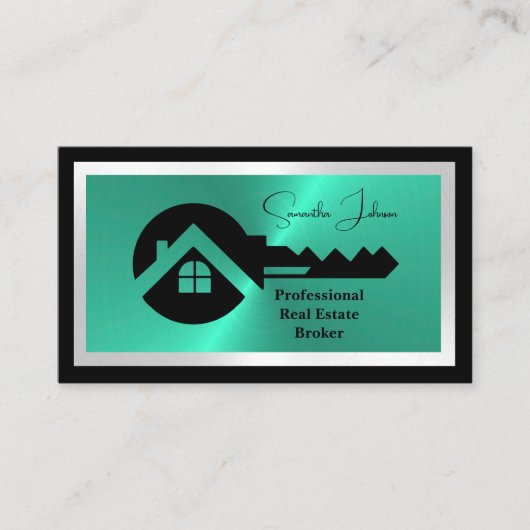 Luxury Black & Turquoise QR Code Photo Real Estate 名刺 (正面)