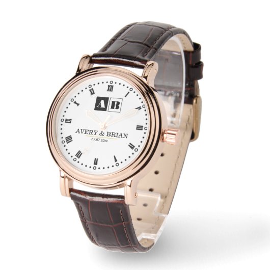 Luxury Black & White Couple’s Name Engraved  腕時計 (傾斜)