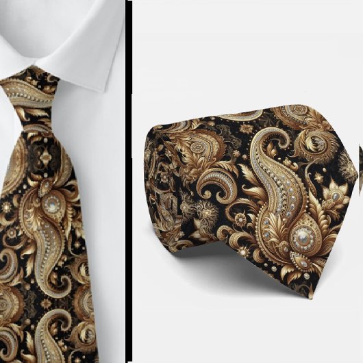 Luxury Black White Gold Paisley Diamond Neck Tie ネクタイ