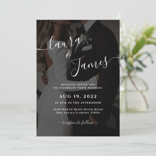 Luxury Black & White Photo QR Code Classy 結婚's 招待状 (スタンド正面)