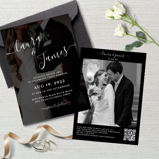 Luxury Black & White Photo QR Code Classy 結婚's 招待状