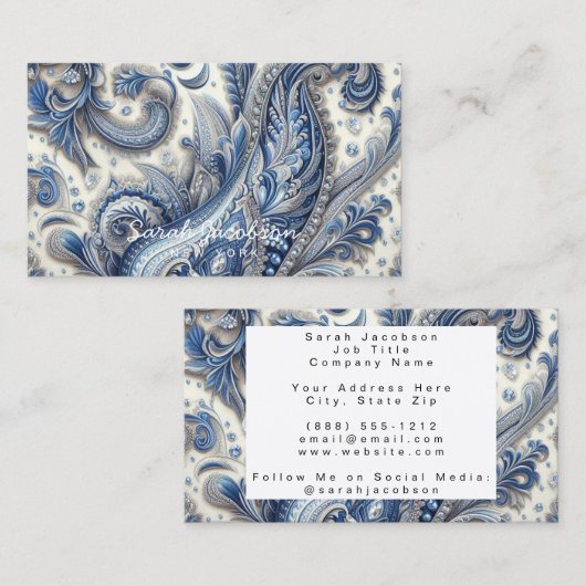 Luxury Blue and White Paisley 名刺 (正面/裏面)