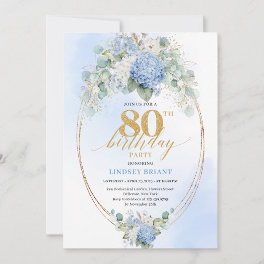 Luxury Blue Floral Eucalyptus 80th Birthday Invite 招待状 (正面)