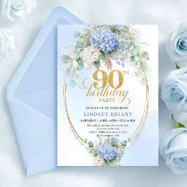 Luxury Blue Floral Watercolor 90th Birthday Invite 招待状