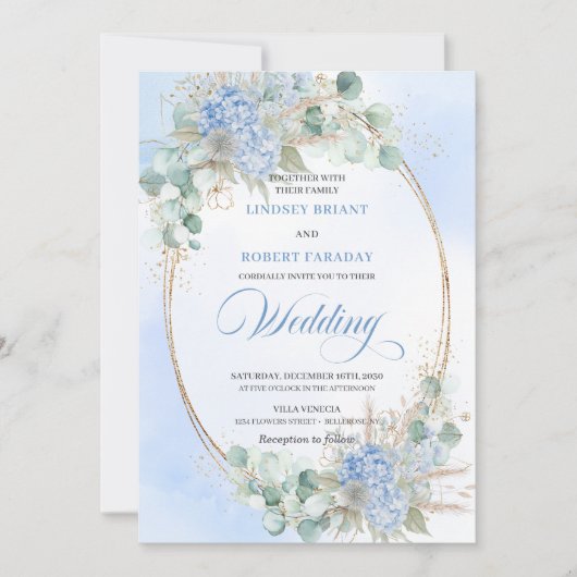 Luxury Blue Floral Wheat Gold Oval Wedding Invites 招待状 (正面)