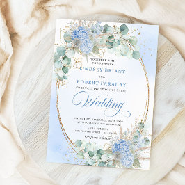 Luxury Blue Floral Wheat Gold Oval Wedding Invites 招待状