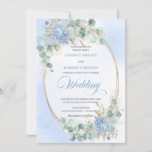 Luxury Blue Floral Wheat Gold Wedding Invitation 招待状 (正面)
