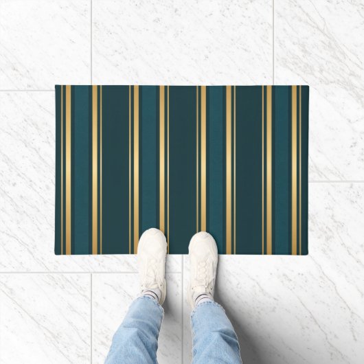 Luxury Blue Green Gold Stripe Gift Wrap Pattern ドアマット (室内)