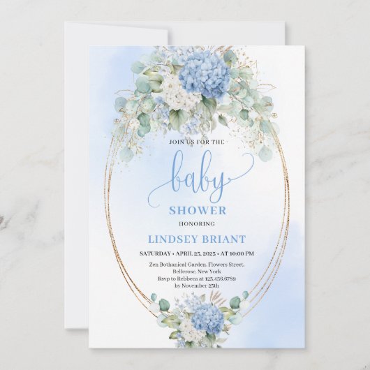 Luxury Blue Hydrangea Baby Shower Gold Invitation 招待状 (正面)