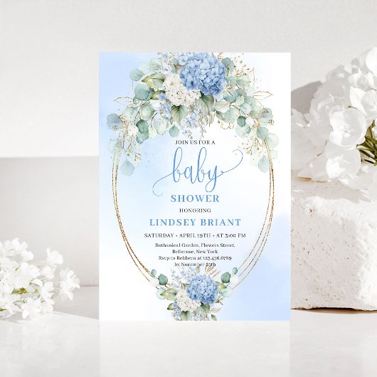 Luxury Blue Hydrangea Baby Shower Gold Invitation 招待状