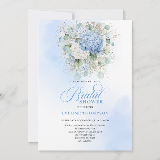 Luxury Blue Hydrangea Bridal Shower Gold Invitatio 招待状 (正面)