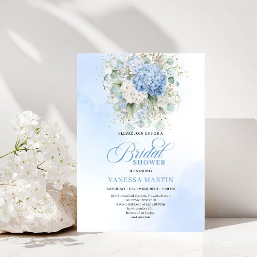 Luxury Blue Hydrangea Bridal Shower Gold Invitatio 招待状