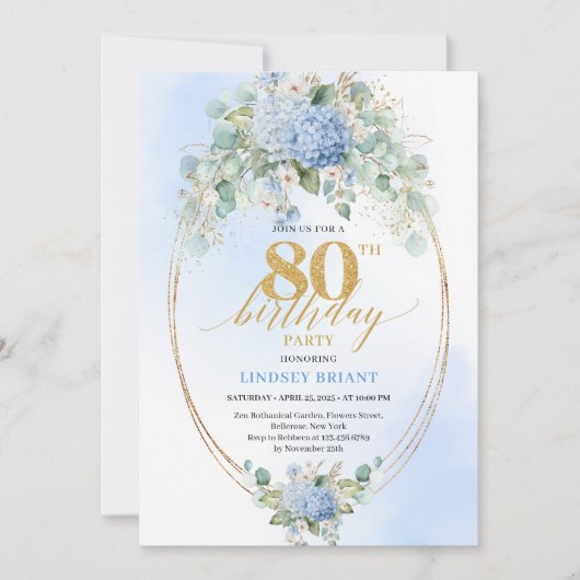 Luxury Blue Hydrangea Floral 80th Birthday Invite 招待状 (正面)