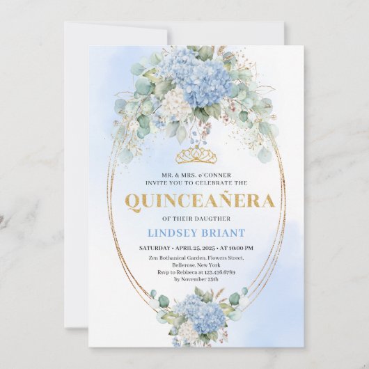 Luxury Blue Hydrangeas Gold 15th Birthday Invite 招待状 (正面)