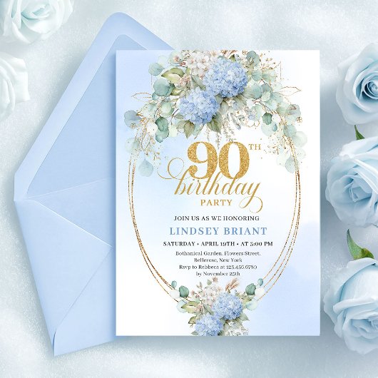 Luxury Blue Hydrangeas Gold 90th Birthday Invites 招待状