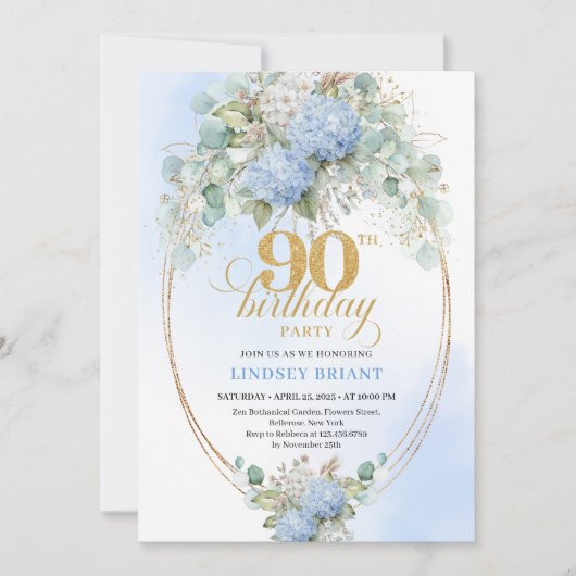Luxury Blue Hydrangeas Gold 90th Birthday Invites 招待状 (正面)