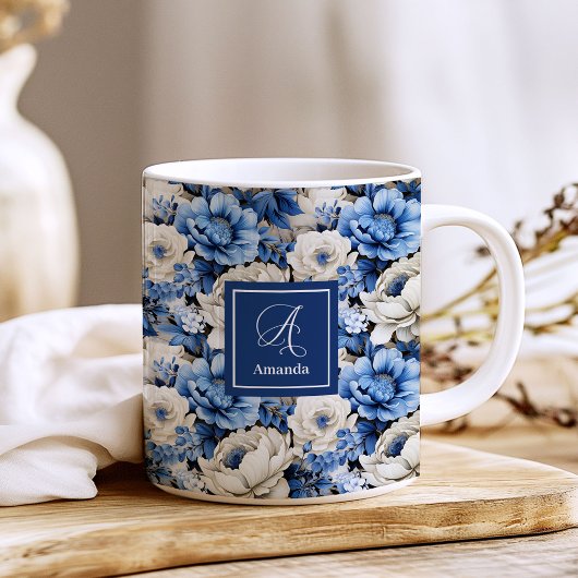 Luxury Blue Ivory Flowers Personalized Coffee Mug コーヒーマグカップ