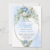 Luxury Blue Peonies Eucalyptus Gold Bridal Shower 招待状 (正面)