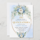 Luxury Blue Peonies Gold Quinceañera 15th Birthday 招待状 (正面)