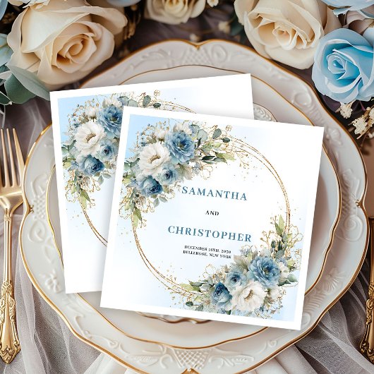 Luxury Blue Roses Gold Frame Wedding Napkins スタンダードカクテルナプキン
