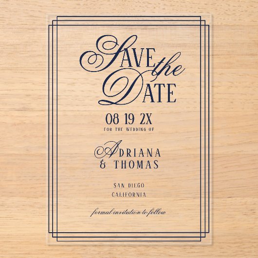 Luxury Blue Wedding Save The Date アクリル招待状 (正面)