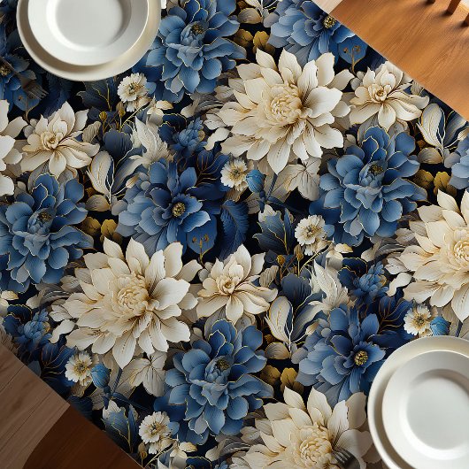 Luxury Blue White Ivory Floral Soft Tablecloth テーブルクロス