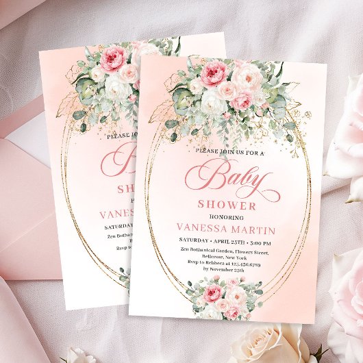 Luxury Blush Floral Gold Baby Shower Invitation 招待状