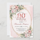 Luxury Blush Pink Gold Floral 90th Birthday Invite 招待状 (正面)