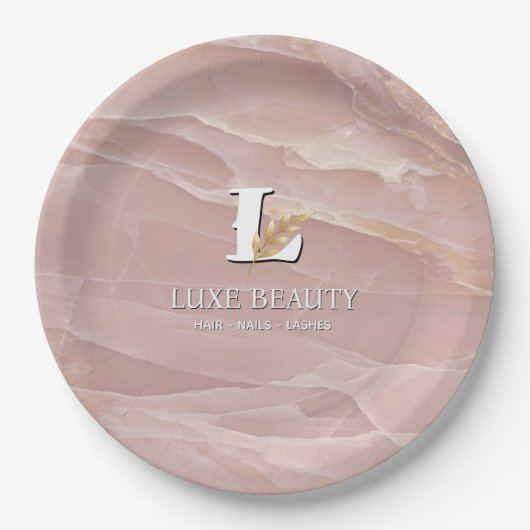Luxury Blush Pink Marble Beauty Salon Logo ペーパープレート (正面)