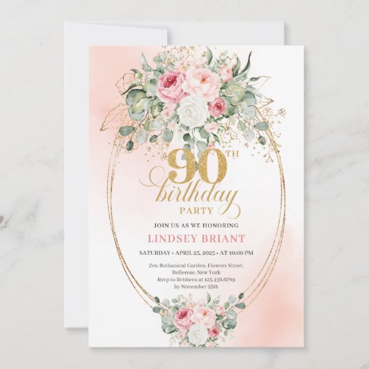 Luxury Blush Rose Gold Boho 90th Birthday Invite 招待状 (正面)