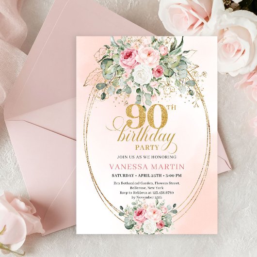 Luxury Blush Rose Gold Boho 90th Birthday Invite 招待状