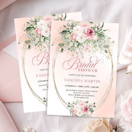 Luxury Blush Roses Bridal Shower Gold Invitation 招待状