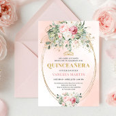 Luxury Blush Roses Greenery Gold Quinceañera Invit 招待状