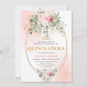 Luxury Blush Roses Greenery Gold Quinceañera Invit 招待状 (正面)