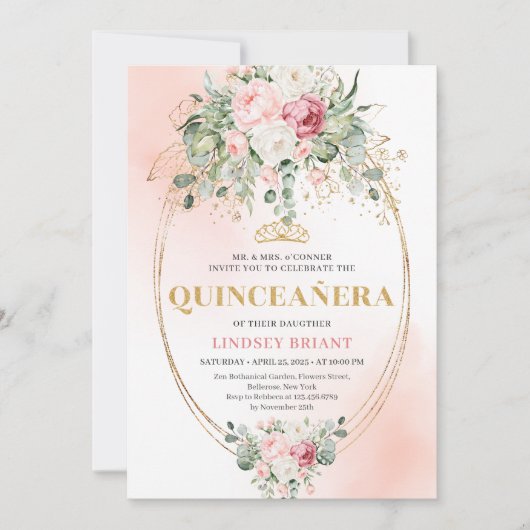 Luxury Blush Roses Greenery Gold Quinceañera Invit 招待状 (正面)