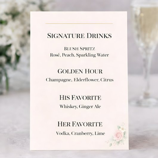 Luxury Blush Signature Drinks Wedding Sign メニュー