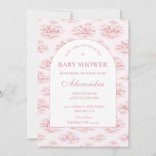 Luxury Blush Toile Baby Shower 招待状 (正面)