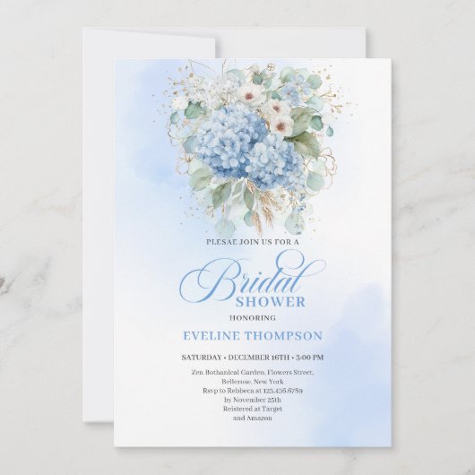 Luxury Bohemian Blue Hydrangea Bridal Shower Invit 招待状 (正面)