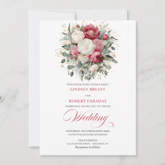 Luxury Bohemian Red Blush Greenery Wedding Invites 招待状 (正面)