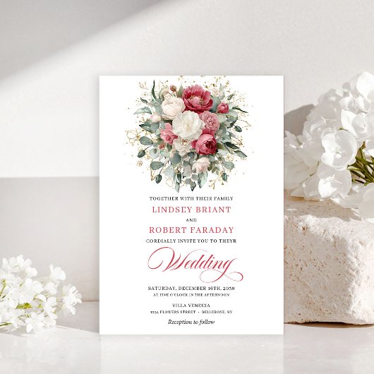 Luxury Bohemian Red Blush Greenery Wedding Invites 招待状
