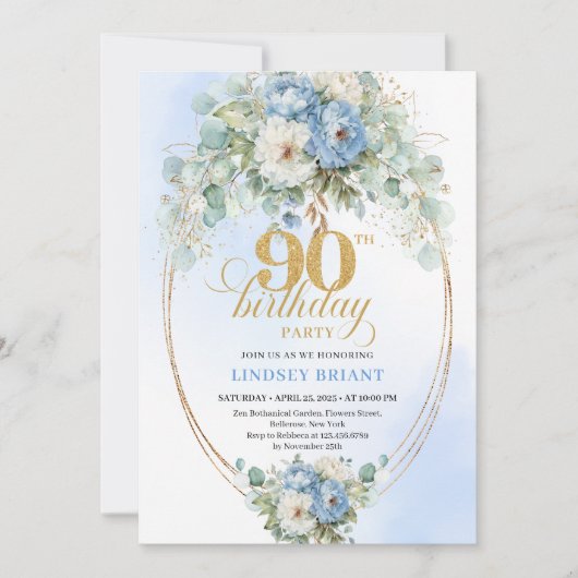 Luxury Boho Blue Floral Eucalyptus Birthday Invite 招待状 (正面)