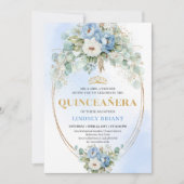 Luxury Boho Blue Floral Quinceañera 15th Birthday 招待状 (正面)